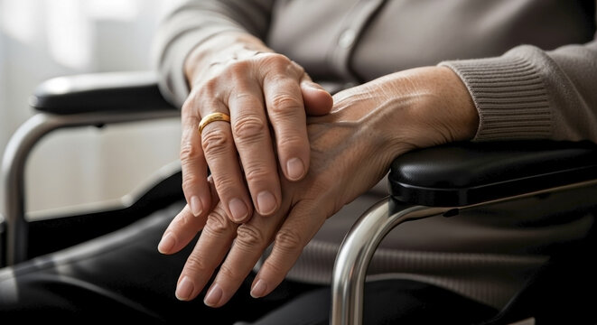 Senior hands resting gently on wheelchair armrest show wrinkles and gold ring. Wrinkled senior hands reflect aging process, care, support in nursing facility. Warm concept senior hands for eldercare.