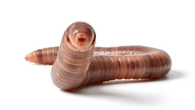 Macro View of Earthworm Head and Segments Isolated on White