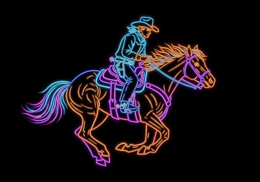 Cowboy riding neon horse in dark background