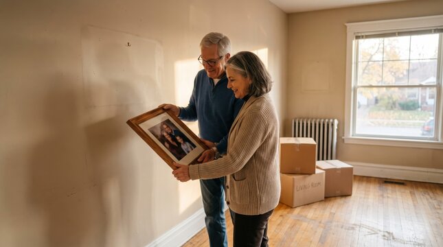 Nearly empty room and final framed photo make retirement relocation instantly readable, linking downsizing with memory, change and transition to smaller home together today.