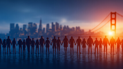 Fototapeta premium A line of people holding hands before a city skyline and bridge represents community unity social inclusion solidarity and human connection. 