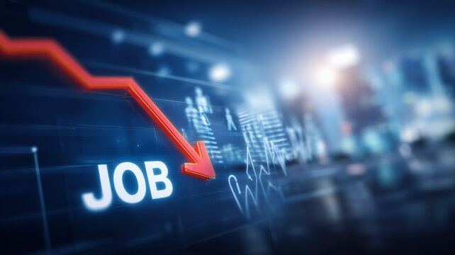 The word Job beside a downward arrow on economic charts represents declining employment labor market weakness workforce reduction and unemployment risk.
