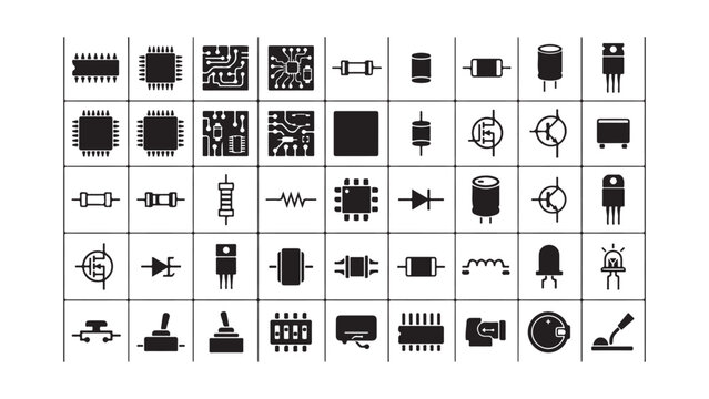 Collection of Black and White Vector Icons Representing Various Electronic Components