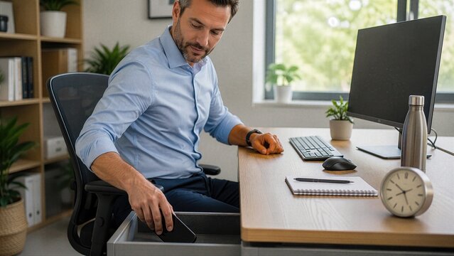 Simple device boundary at workstation combines attention management, digital wellness, behavior design and practical mental health support for modern office workers daily.