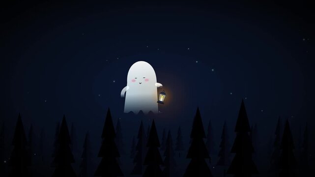Cute Ghost Carrying a Lantern in a Dark Forest for Halloween