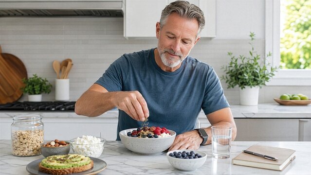 Balanced breakfast bowl with protein, berries and seeds creates broad commercial concept around metabolism, glucose awareness and healthy eating habits after 50.