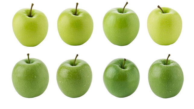 Eight fresh whole green Granny Smith apples arranged in two rows