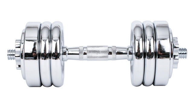 Shiny chrome adjustable dumbbell with textured grip and removable weight plates