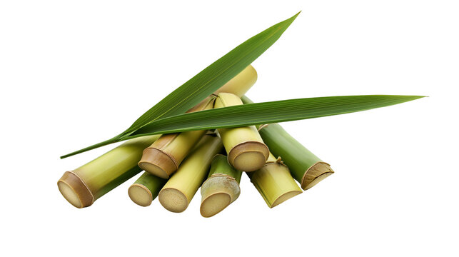 Fresh green sugarcane stalks cut into pieces with long pointed leaves