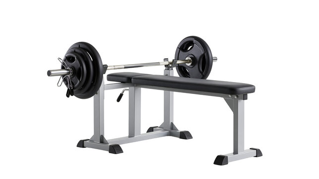 Adjustable weight bench with barbell and heavy black weight plates for lifting