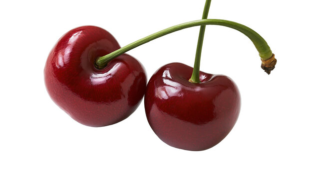 Two ripe red cherries with green stems attached