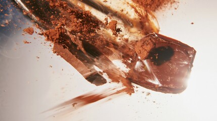 Fototapeta premium Broken chocolate squares and crumbs flying in mid-air against a soft yellow background with copy space, for confectionery and dessert advertising