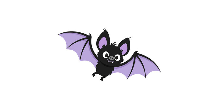 Cute cartoon bat character with purple wings flying for halloween party decoration.