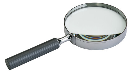 Handheld magnifying glass with silver metal frame and ribbed dark grey handle © Fraser