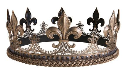 Ornate bronze royal crown with fleur de lis symbols and intricate filigree metalwork © Fraser