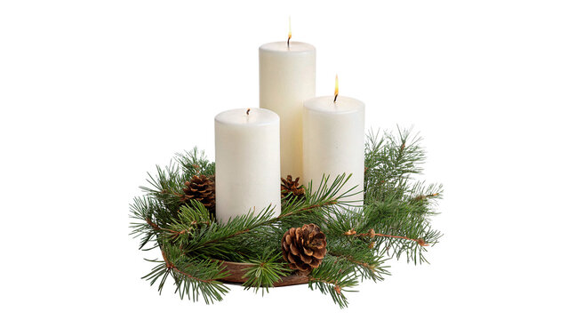 Three white advent candles with evergreen wreath isolated on transparent background christmas holiday element