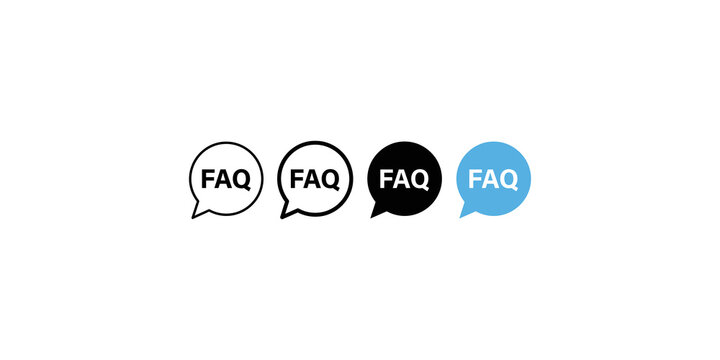 Four FAQ speech bubble icons in black and blue representing frequently asked questions on a transparent background.