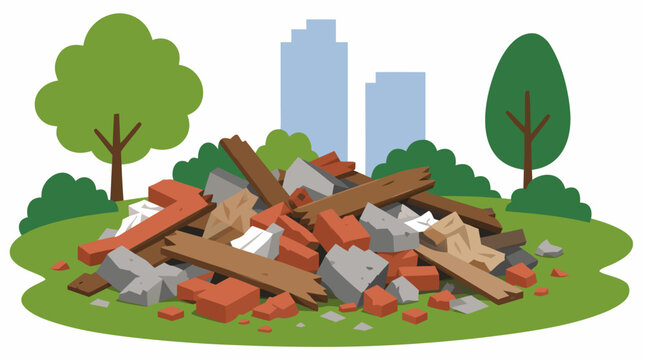 Flat vector illustration of broken red bricks brown wooden planks and gray crumpled debris piled on green grass in an urban city park with trees and buildings in background