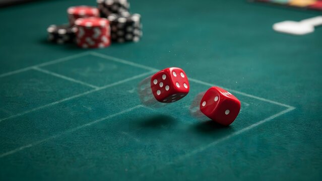 Casino dice rolling on green gaming table with scattered chips and cards