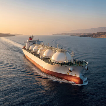 A large LNG carrier ship transporting liquefied natural gas navigates through a scenic mountainous strait. Global energy trade and maritime logistics concept.