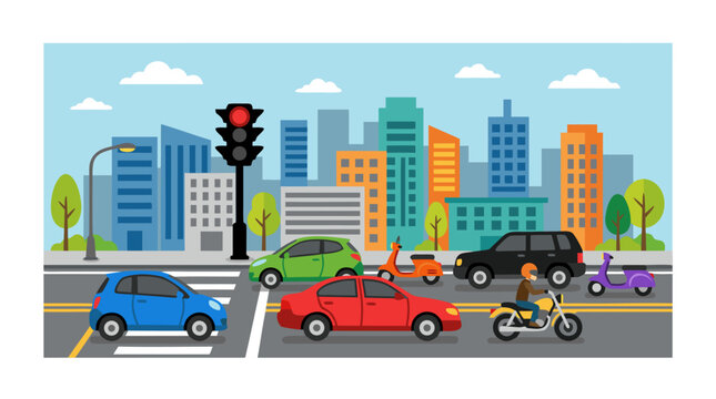 Colorful flat vector illustration of cars and motorcycles stopped at red traffic light on city street with modern buildings skyline background urban transportation scene detailed commercial stock