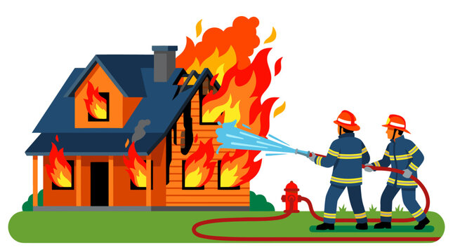 Two firefighters wearing helmets spraying water from fire hose onto burning suburban house engulfed in bright orange and yellow flames, bold flat vector illustration of emergency fire rescue service
