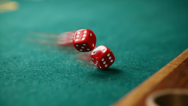 Two red dice in motion on green gaming surface with wooden edge