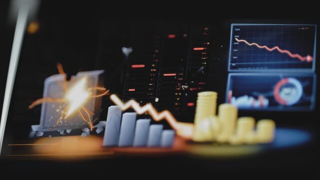 Falling market graph crosses coins and server monitors