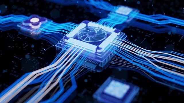 Looped 3D X-ray animation of a transparent processor on a dark circuit board, with neon blue data streams and high-tech network connections.