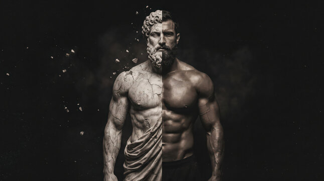 Half marble statue half muscular man transformation concept.