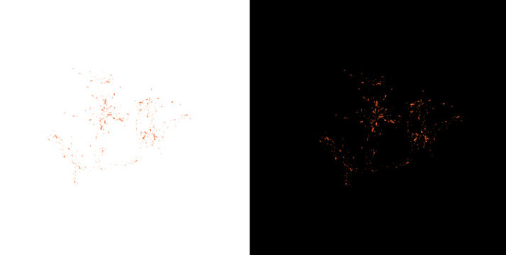 Orange paint splatter effect isolated on transparent background for abstract design and creative applications.