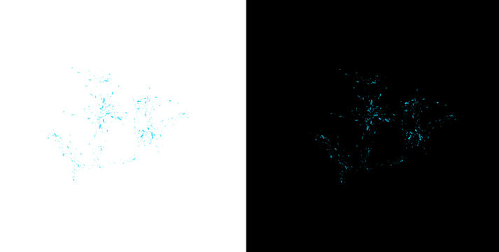 Blue paint splatters and liquid drops on transparent background for cool artistic design and abstract element uses.