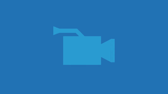Minimalist blue video camera icon on solid background, flat vector illustration of movie recorder symbol