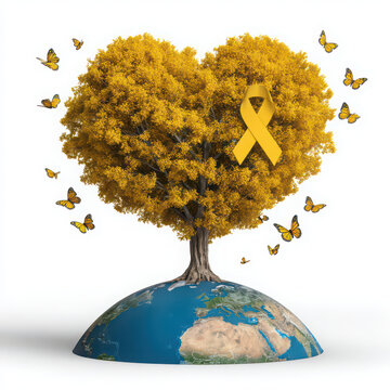 Colorful heart-shaped tree growing from globe with birds isolated on transparent background
