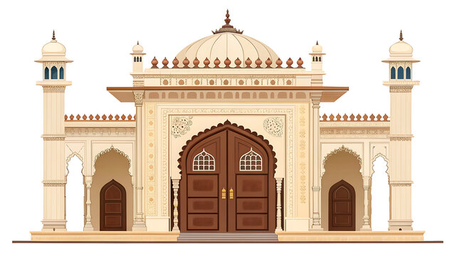 majestic Indian palace entrance with layered archway, carved sandstone columns, dark wooden double door, ornamental dome and finial, symmetrical front view, modern premium vector illustration