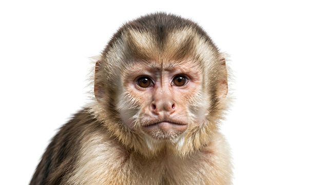 Portrait of a small brown monkey with a curious expression isolated on white background
