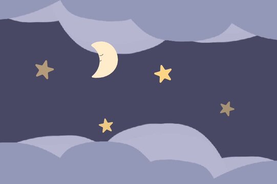 Cute sleeping moon with animated twinkling stars and clouds night sky vector background loop