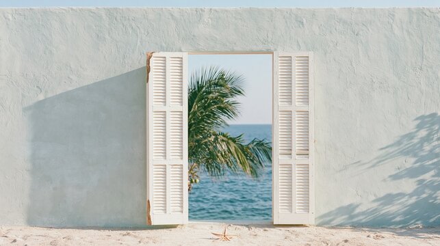 Sage green wall with open louvered doors framing a tropical sea view, featuring a chalky plaster texture and sandy floor for summer product backdrops with copy space