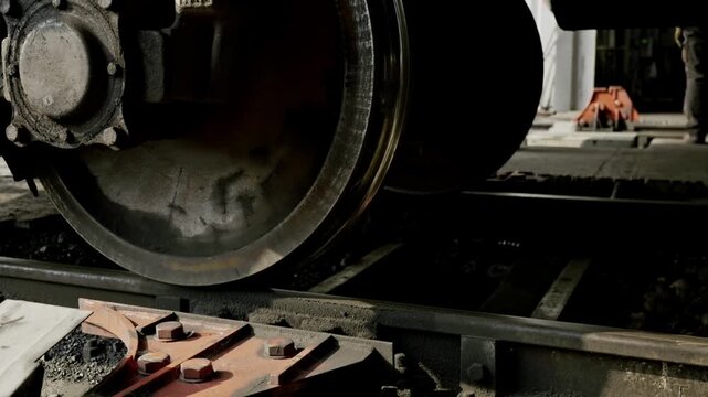 Heavy steel wheels roll from terminal hangar as old freight train begins journey