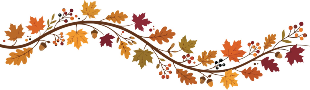 Decorative autumn leaves border with colorful maple foliage and berries on a curved branch for seasonal fall design elements and festive holiday greeting cards