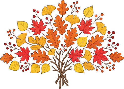 Colorful autumn leaves bouquet with red orange and yellow foliage and berries on branches for seasonal decoration