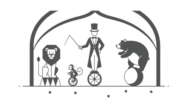 Black and white circus performance illustration featuring a ringmaster with a lion, monkey, and balancing bear.
