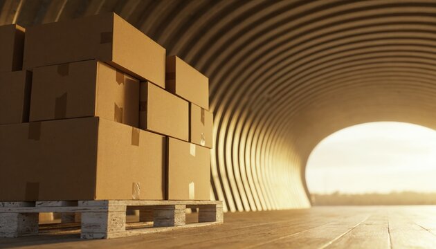 Cardboard boxes stacked on wooden pallet in industrial warehouse
