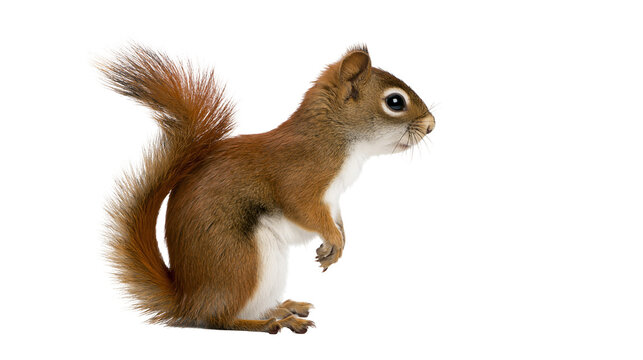 Small red squirrel standing on hind legs with fluffy tail
