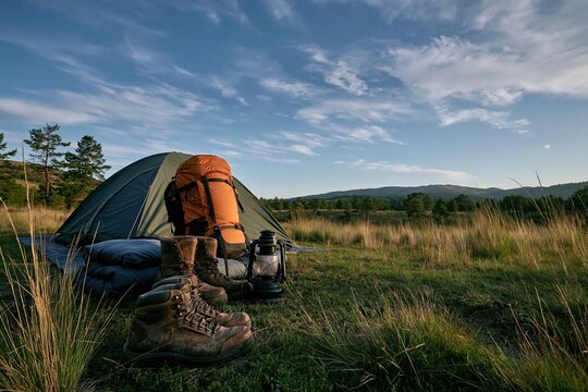 Camping gear with an orange backpack and boots resting by a blue tent in a forest clearing, featuring rugged textures for outdoor preparation and travel