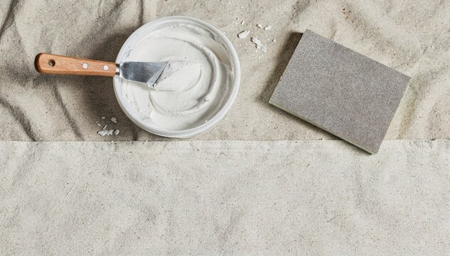 Paint bucket with brush and sanding block on concrete surface