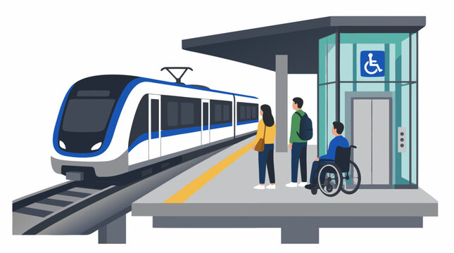 Modern Elevated Electric Train Arriving at Clean Station Platform with Glass-Walled Wheelchair Accessible Elevator and Commuters Waiting on Platform - professional high detailed commercial stock