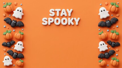 Fototapeta premium Orange background with Halloween decorations and text Stay Spooky