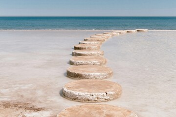 Obraz premium Circular stepping stones forming a path across still, pale water toward a distant horizon for a personal journey and progress campaign