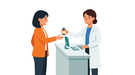 Obraz premium Female pharmacist in white lab coat handing prescription medication bottle to customer over pharmacy counter, flat illustration style with bold colors, healthcare service concept